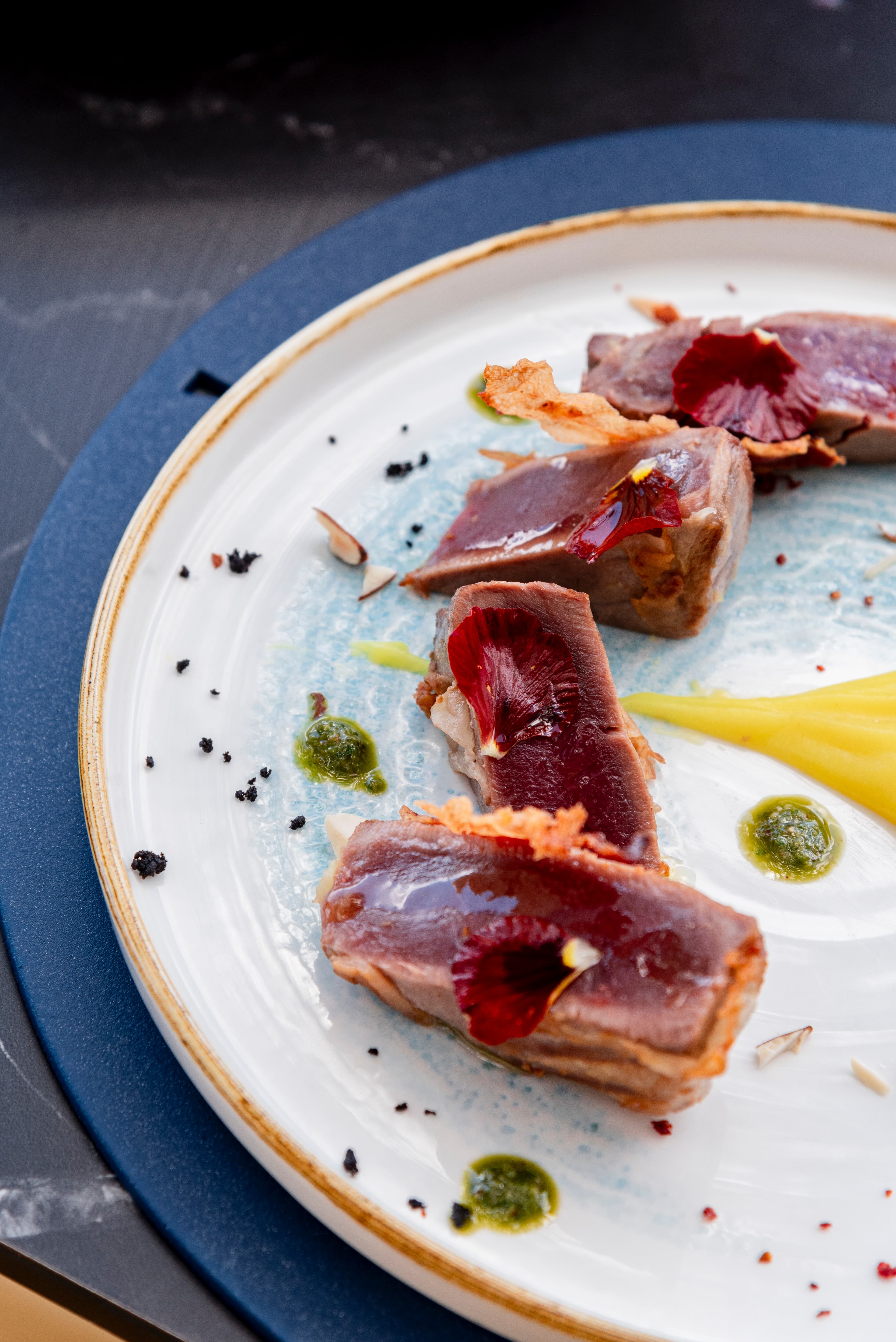 Atun marcado servido con salsa y guarnicion.