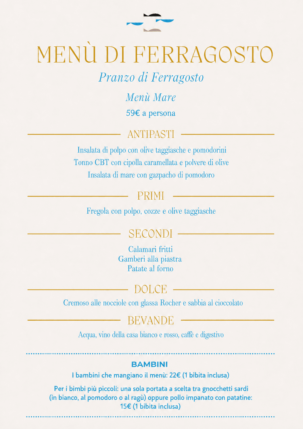 Menu fisso di mare del pranzo di Ferragosto 2026 al Ristorante Lungomare